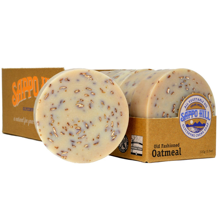 Sappo Hill bar front packaging showing oatmeal texture and gentle cleansing benefit