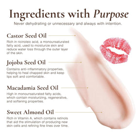 Sara Happ Lip Slip Luxe Balm with jojoba macadamia almond oil bottles showing nourishing ingredients