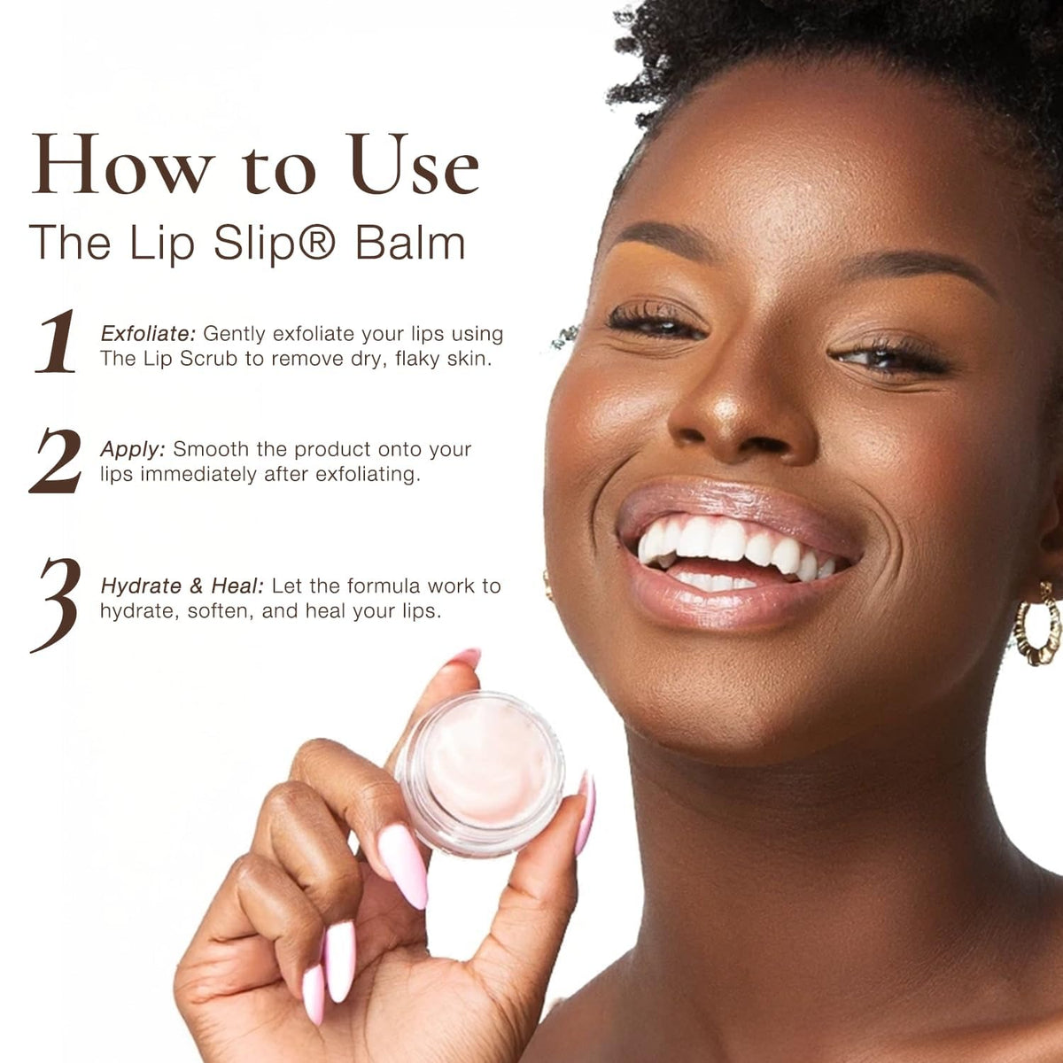 Sara Happ Lip Slip Luxe Balm applied on model lips demonstrating subtle shimmer and softening effect