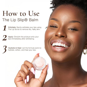 Sara Happ Lip Slip Luxe Balm applied on model lips demonstrating subtle shimmer and softening effect