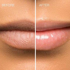 Sara Happ Lip Slip Luxe Balm beside a coin to show compact 0.35 oz size for travel convenience