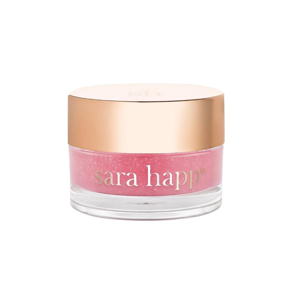 sara happ front tub showing pink grapefruit lip scrub and tidy packaging benefit: clear product ID