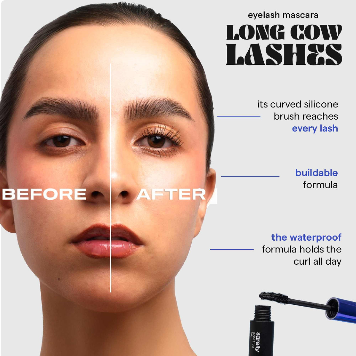 SARELLY before and after lashes comparison highlighting lengthening