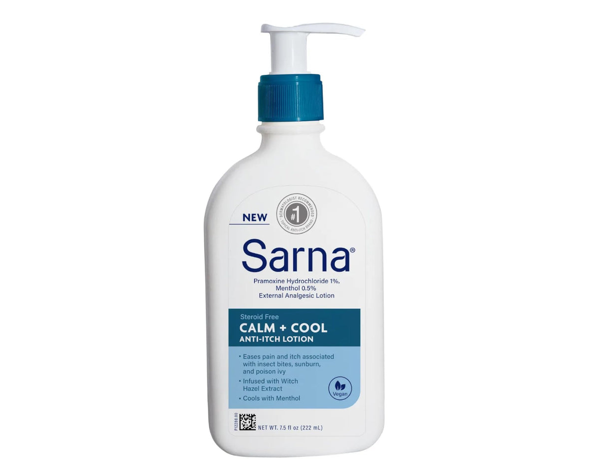 Sarna label close-up highlighting active ingredients and steroid-free benefit