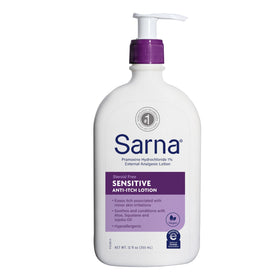 Sarna bottle front view showing pump and calming lotion benefits