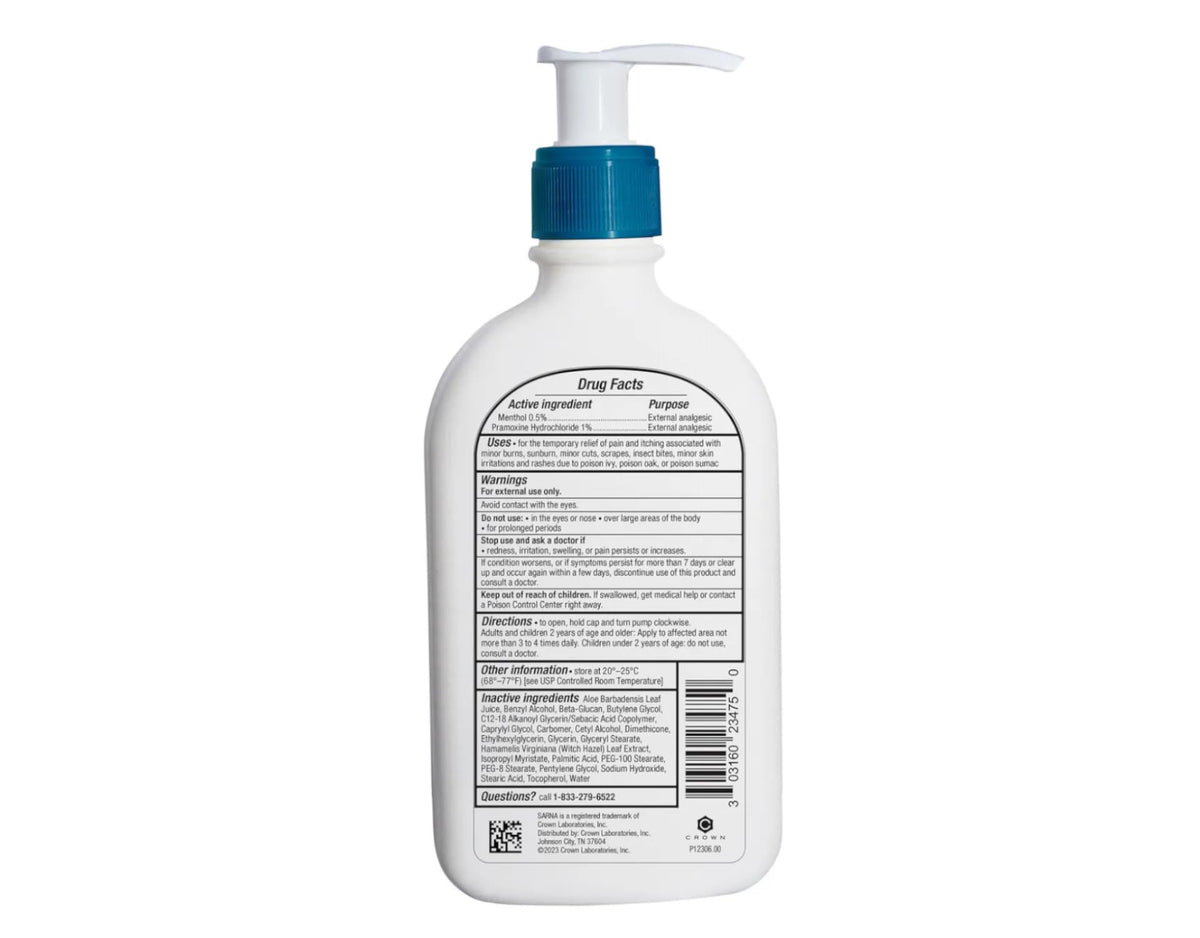 Sarna lotion texture on finger illustrating fast absorption and non-greasy feel