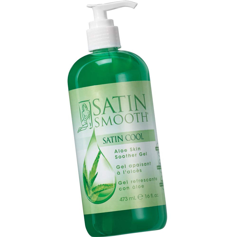 SATIN SMOOTH front bottle of aloe gel showing label and soothing relief
