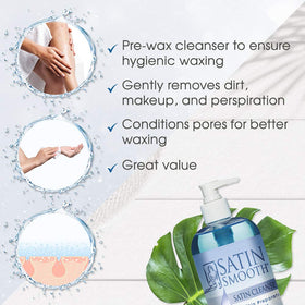 SATIN SMOOTH bottle beside waxing table illustrating professional prep