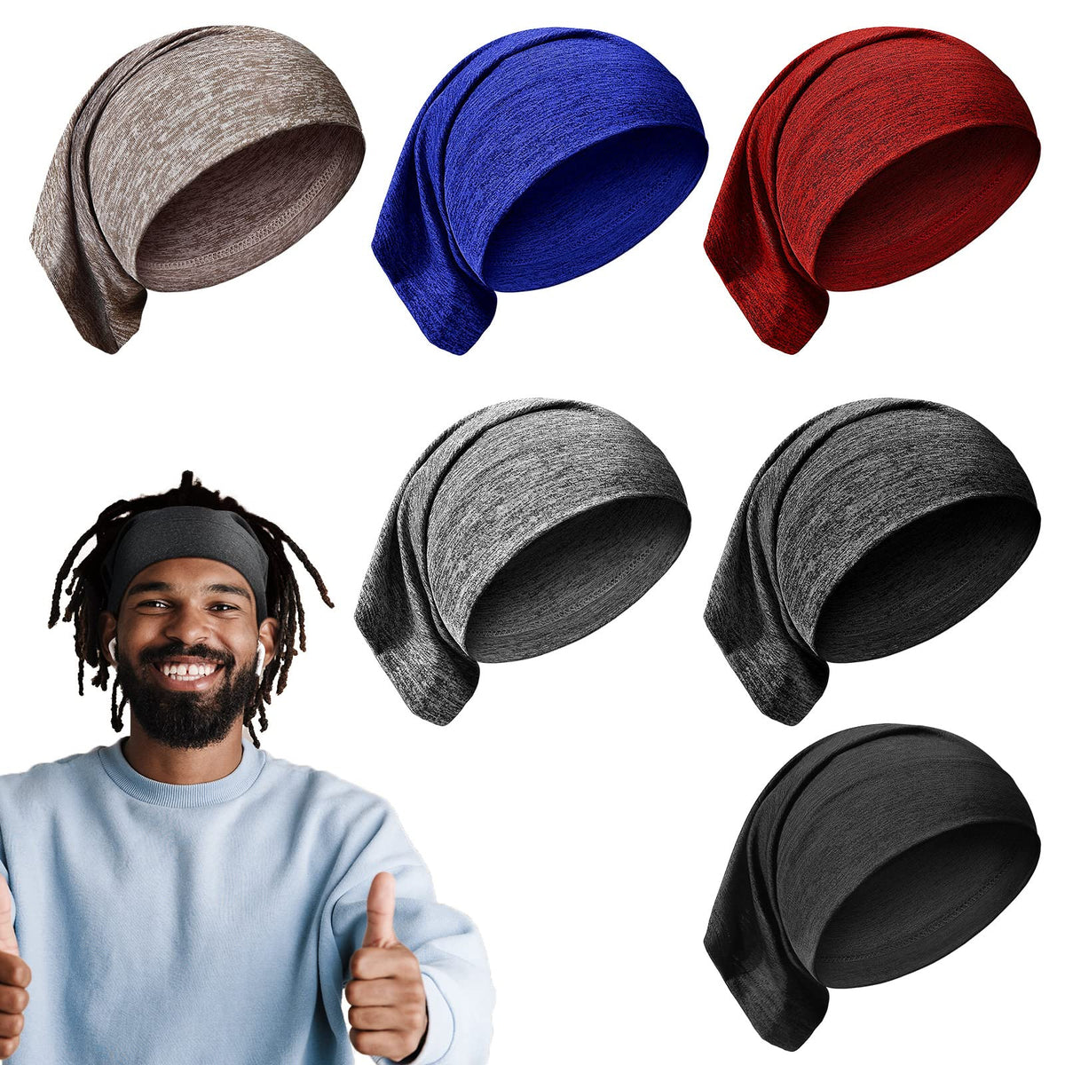 SATINIOR front-packaging showing six dark-color dreadlock caps and benefits