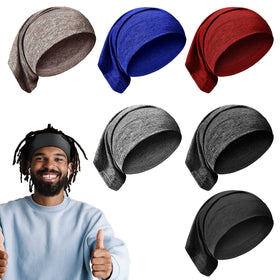 SATINIOR front-packaging showing six dark-color dreadlock caps and benefits