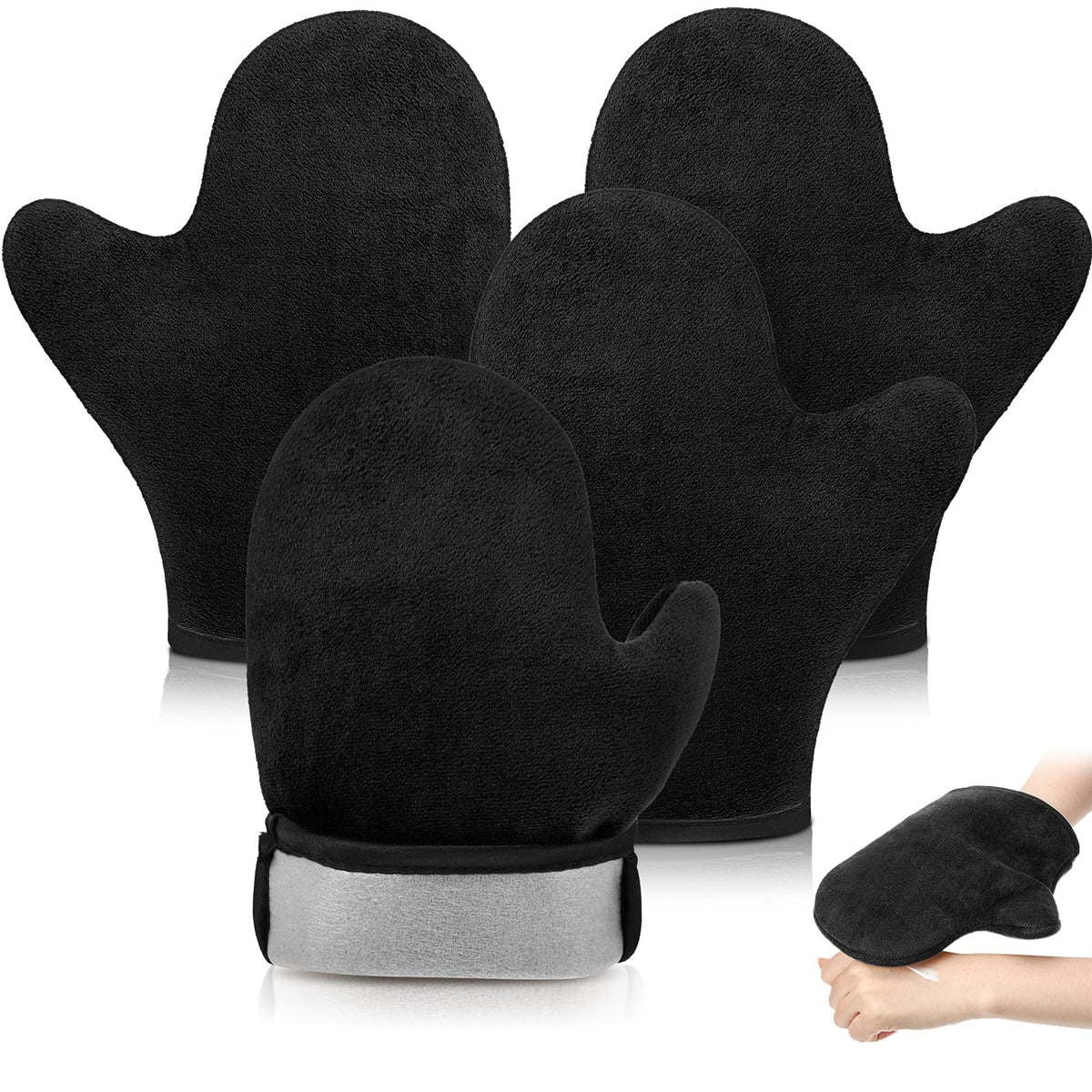 SATINIOR front view of four black tanning mitts showing compact pack and convenience