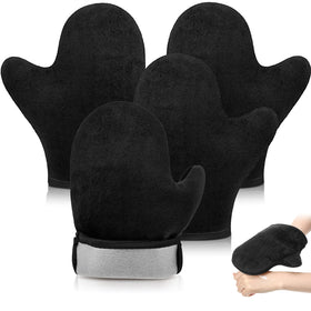 SATINIOR front view of four black tanning mitts showing compact pack and convenience
