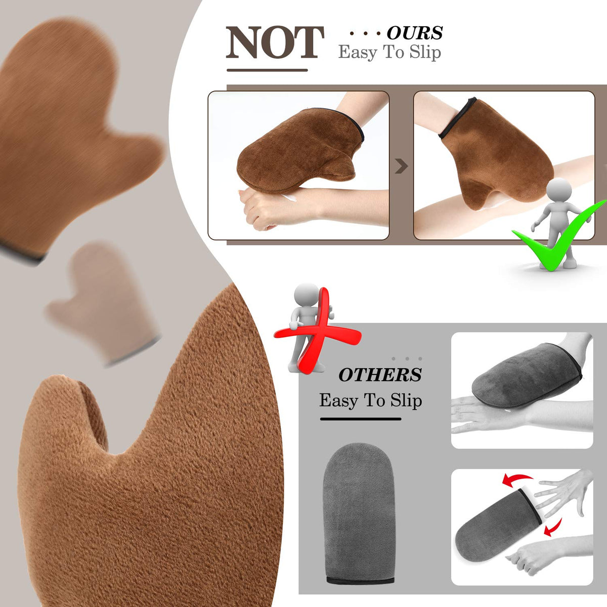 SATINIOR mitt in use blending self-tanner on forearm for streak-free finish