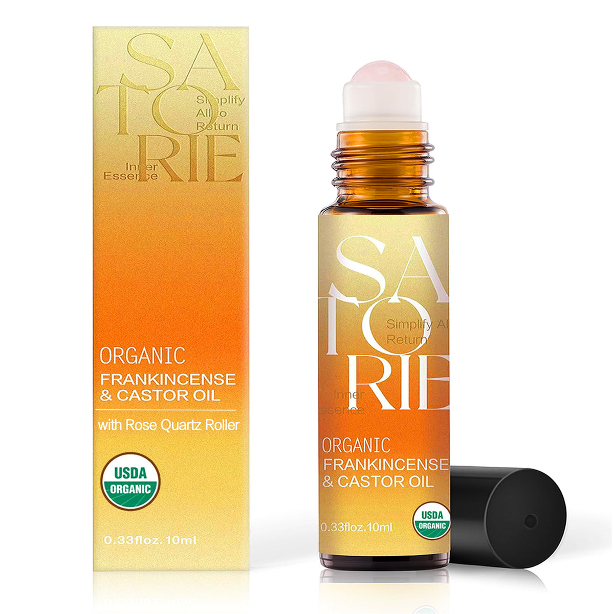 Satorie amber glass bottle front view showing compact travel-friendly packaging and protection