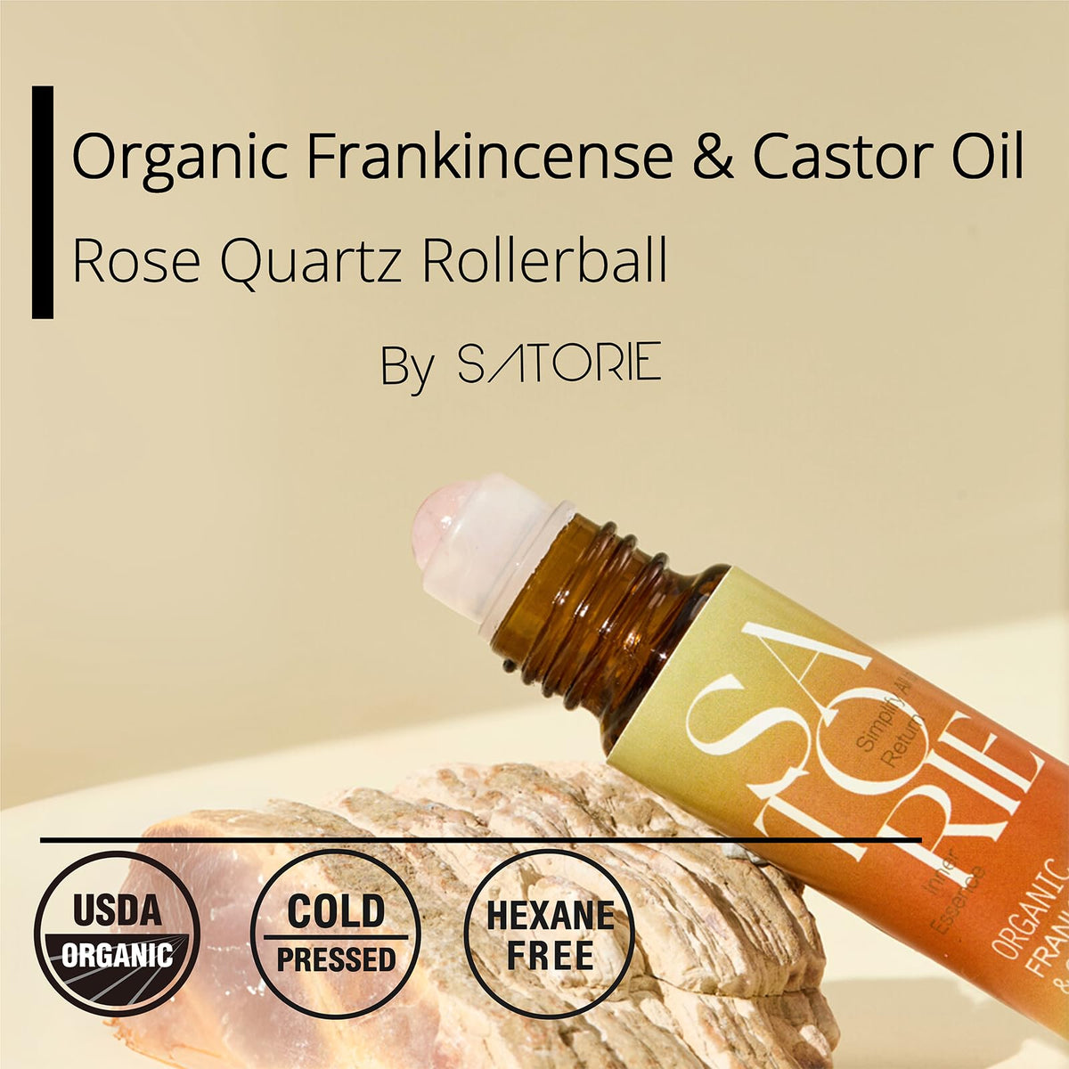 Satorie rose quartz rollerball close-up cooling applicator for precise, gentle massage