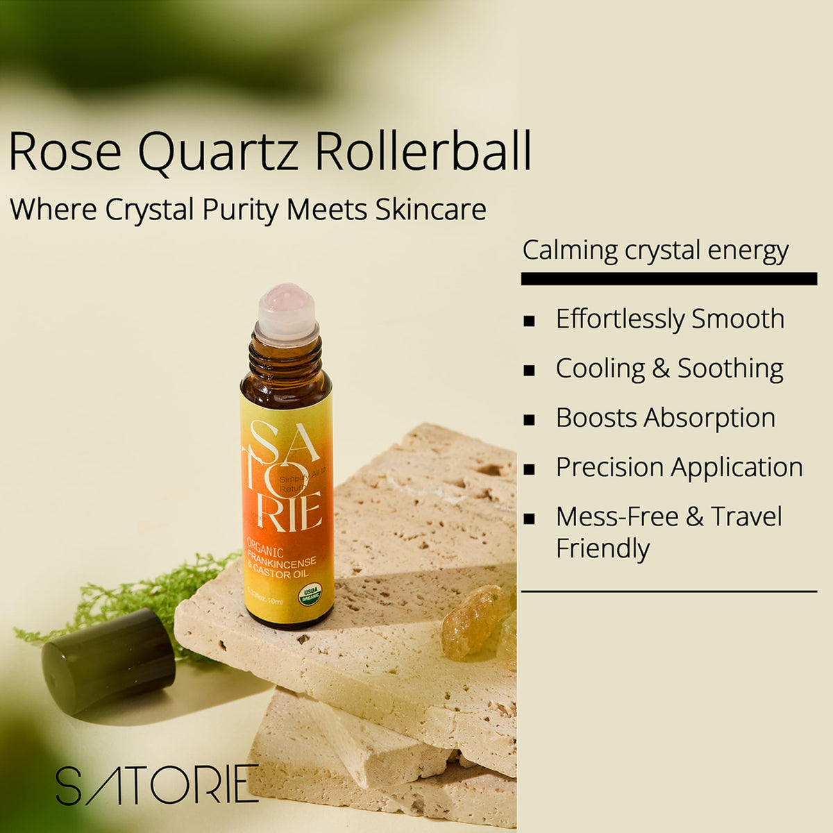 Satorie size comparison in hand demonstrating compact, carry-everywhere roller design