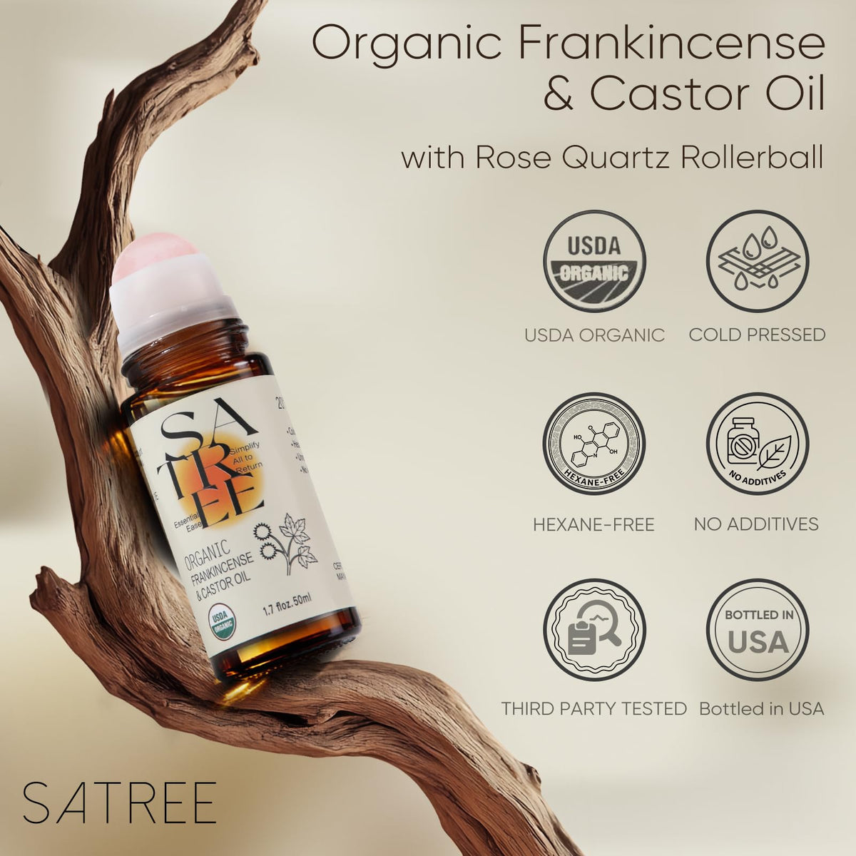 SATREE rose quartz rollerball close-up delivering cooling massage