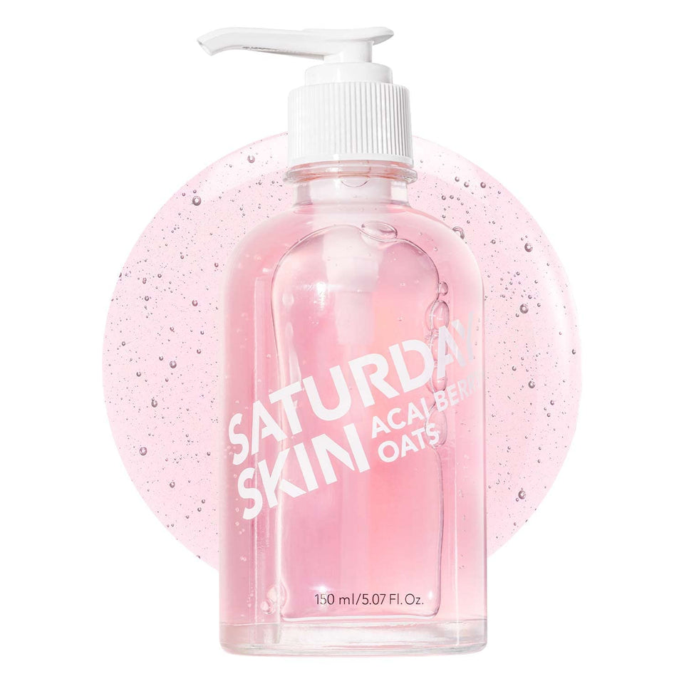 Saturday Skin front bottle showing cleanser and clear packaging for easy identification