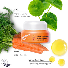 Saturday Skin jar beside common items to display 1.61 ounce scale and travel-friendly convenience