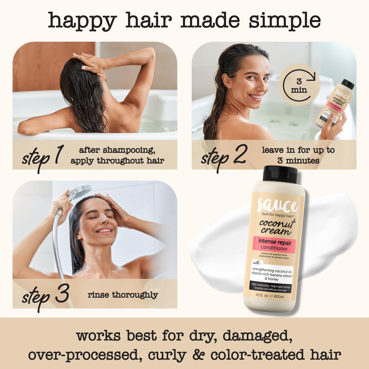 SAUCE BEAUTY bottle beside coconut and banana highlighting natural ingredients