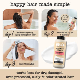 SAUCE BEAUTY bottle beside coconut and banana highlighting natural ingredients