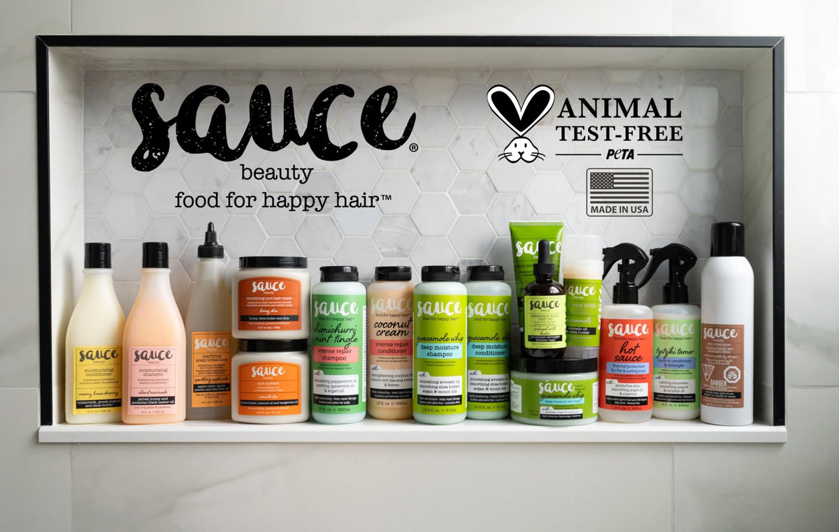 SAUCE BEAUTY bottle on bathroom shelf styled in lifestyle scene showing salon-quality routine