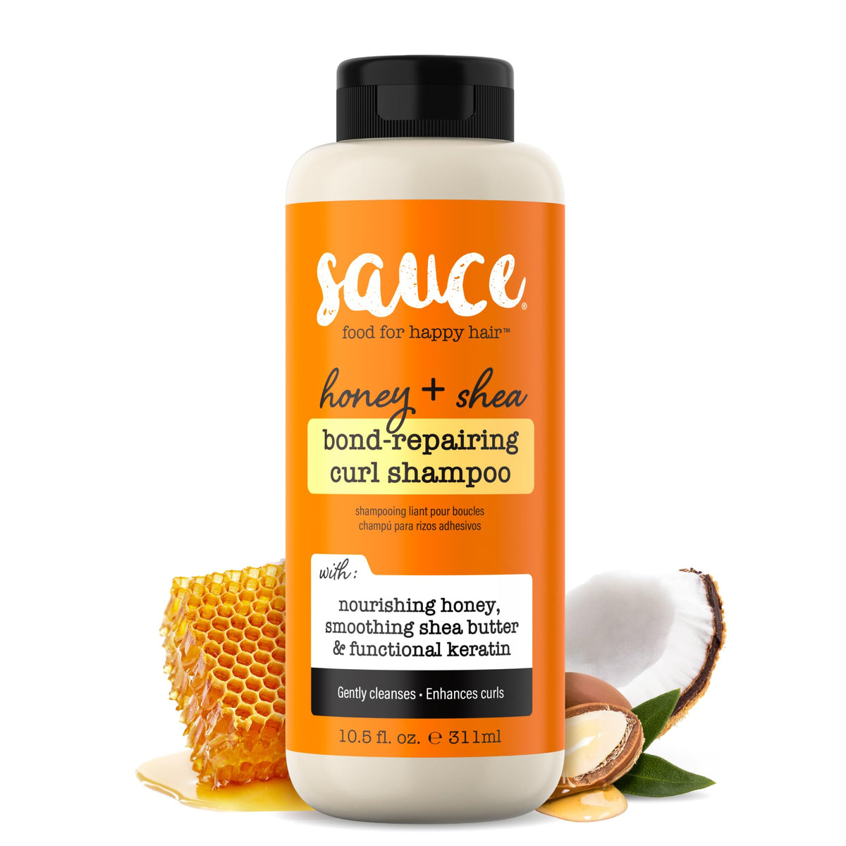SAUCE BEAUTY front bottle showing honey and shea benefits