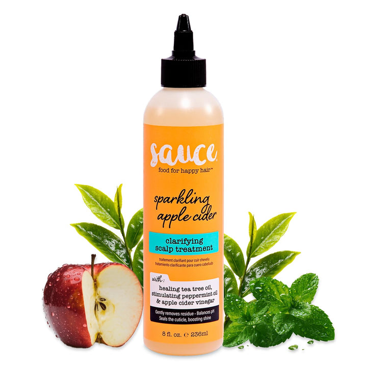 SAUCE BEAUTY front bottle shot showing clarifying scalp cleanser benefits