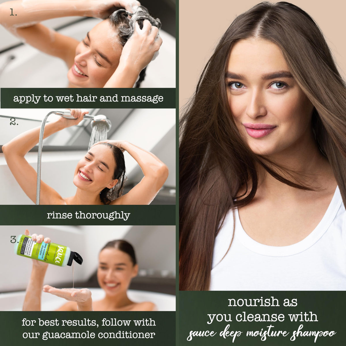 SAUCE BEAUTY shampoo in shower demonstrating gentle cleansing and hydration