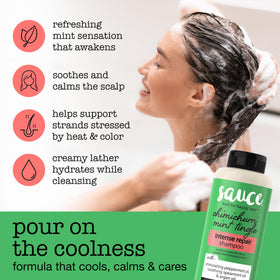SAUCE BEAUTY dispensing shampoo into hand to show lather