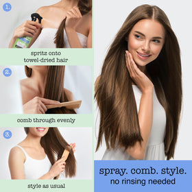 Model applying SAUCE BEAUTY spray to curly hair, improving manageability and reducing knots