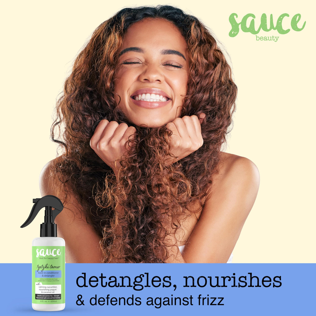 SAUCE BEAUTY mist being sprayed from bottle, demonstrating fine even application for detangling