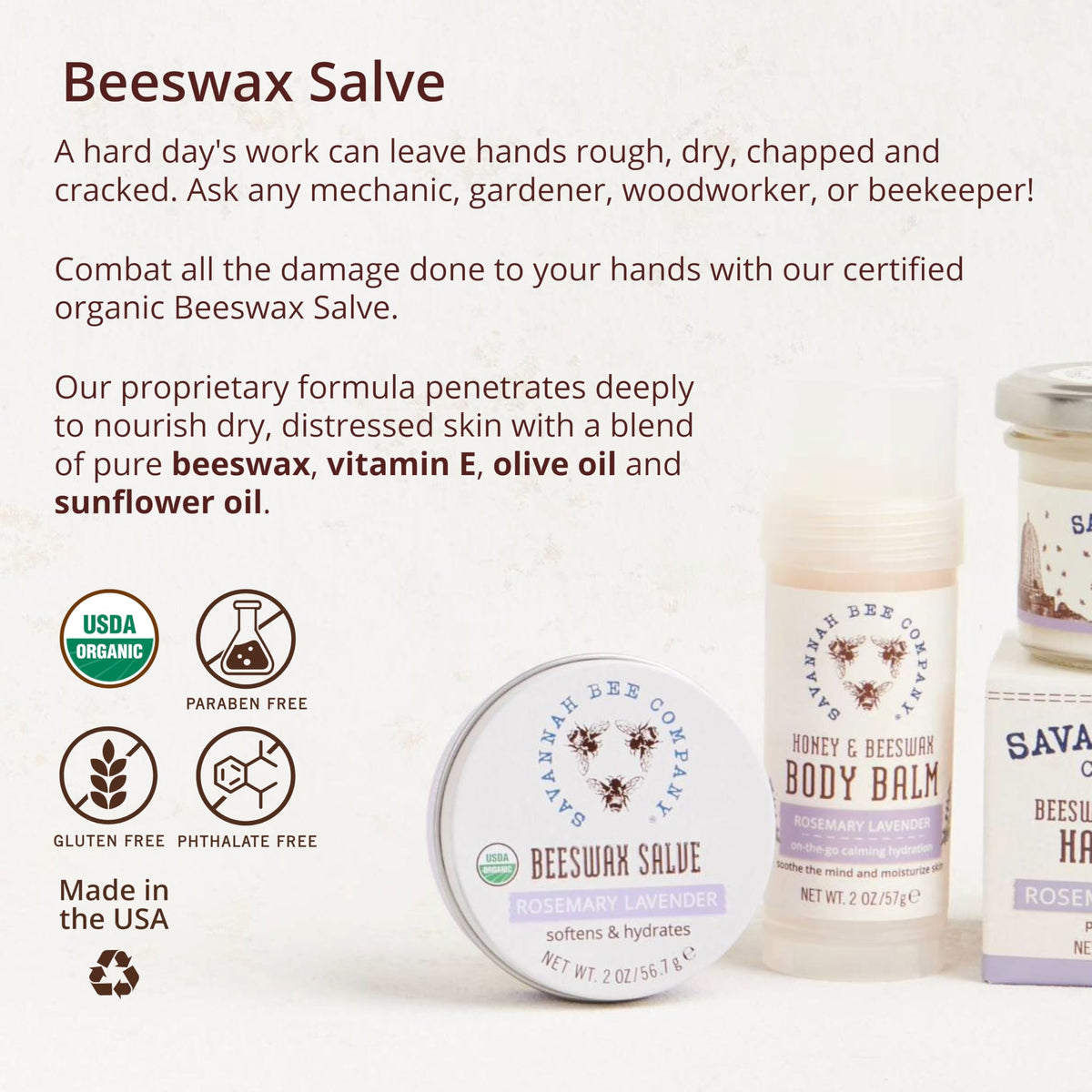 Savannah Bee Company applying salve to hands to soften cuticles and dry skin