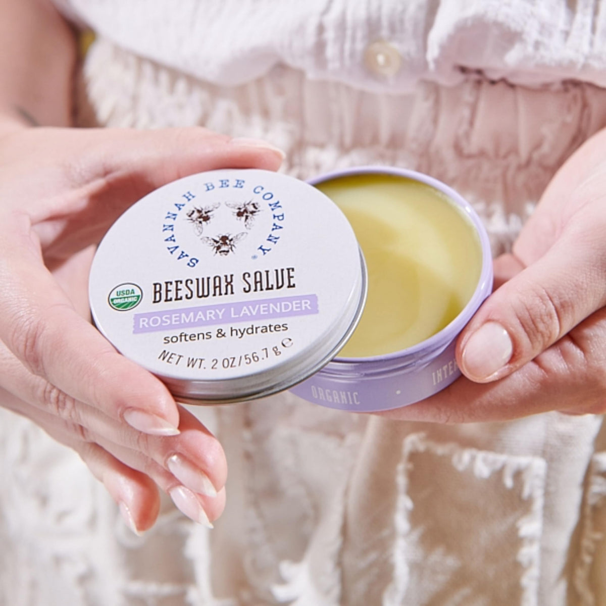 Savannah Bee Company close-up texture of beeswax salve showing rich moisturizing balm