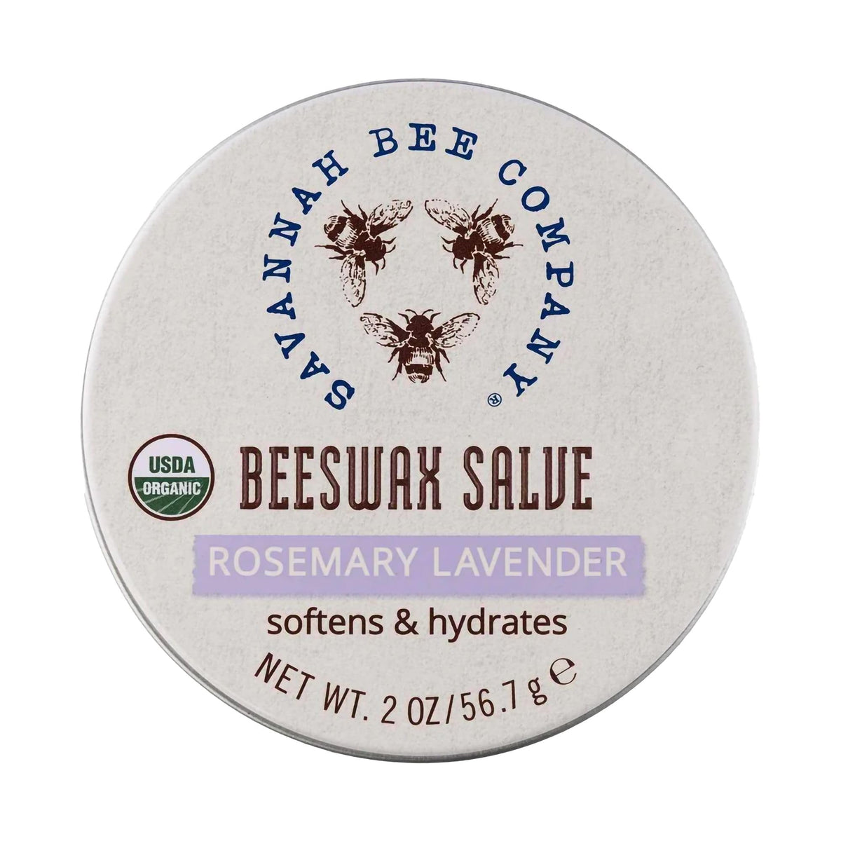 Savannah Bee Company tin top view showing compact 2 oz travel-friendly salve