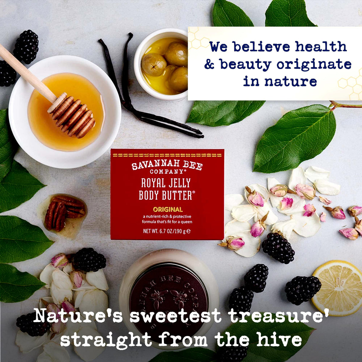 Savannah Bee Company glass jar label detail conveying premium natural ingredients