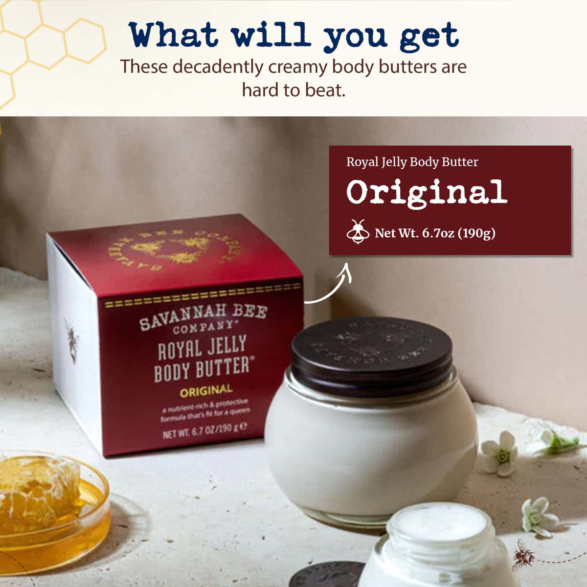Savannah Bee Company ingredient close-up highlighting honey and royal jelly benefit