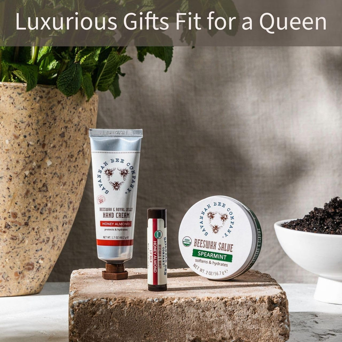 Savannah Bee Company tube on vanity next to bowl and flowers for everyday luxury
