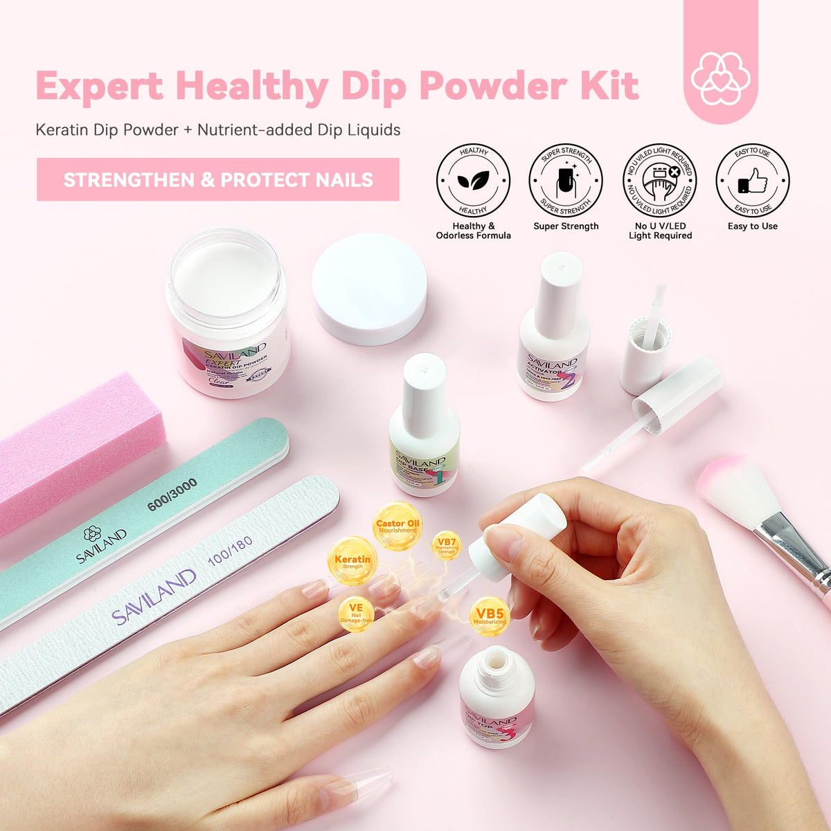 SAVILAND open 60g clear dip powder jar displaying fine texture benefit