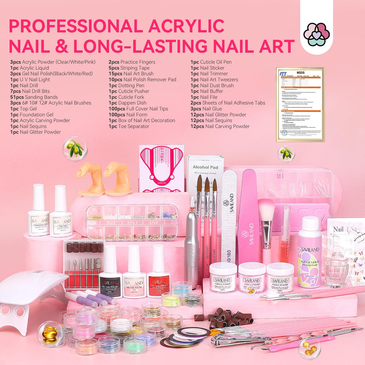SAVILAND acrylic powders and monomer displayed to show sculpting color options and quality