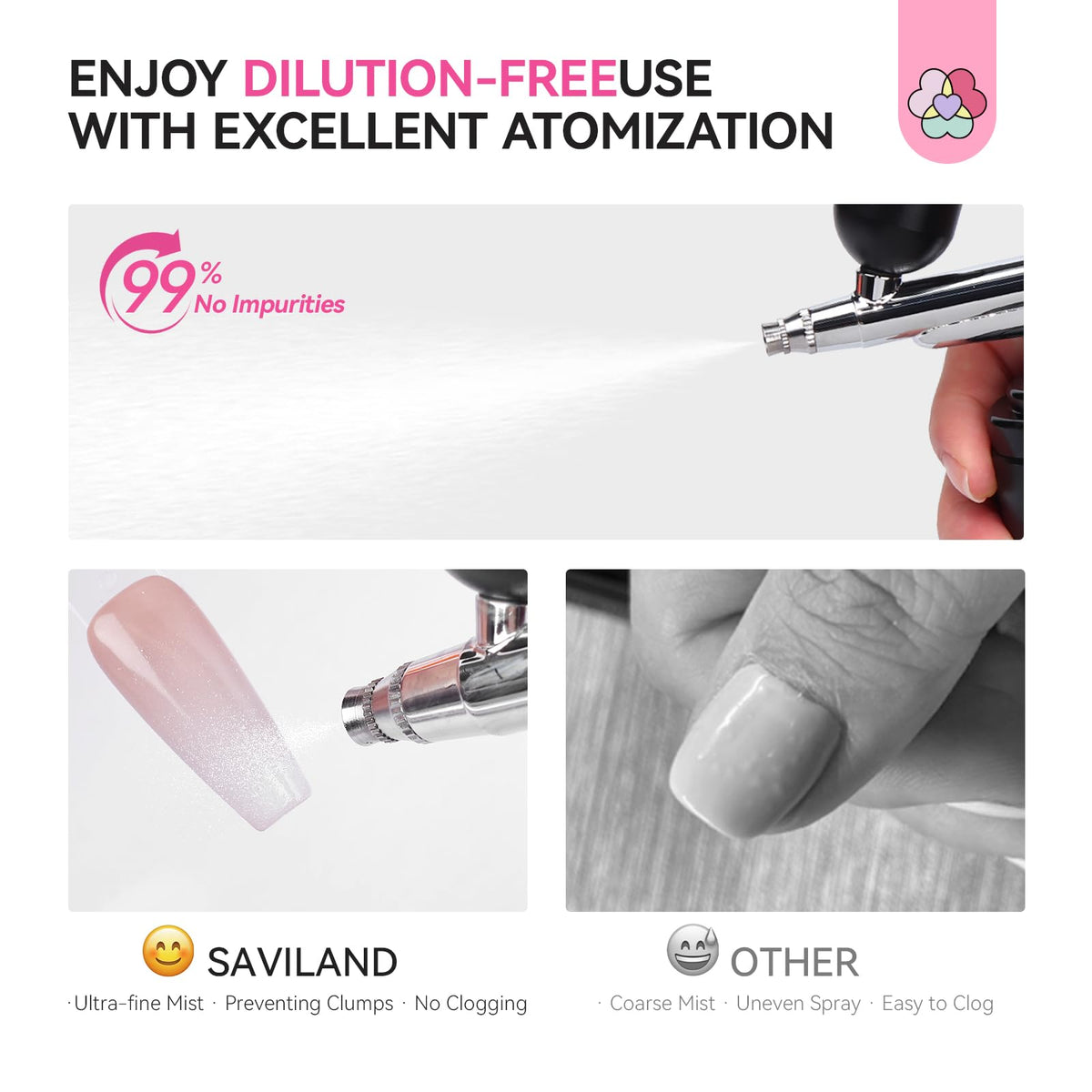 SAVILAND white polish loaded in airbrush gun showing consistent spray benefit