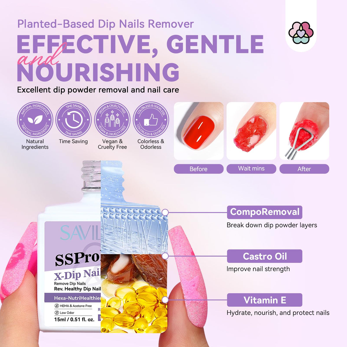 SAVILAND remover bottle close-up label highlighting nutrient formula