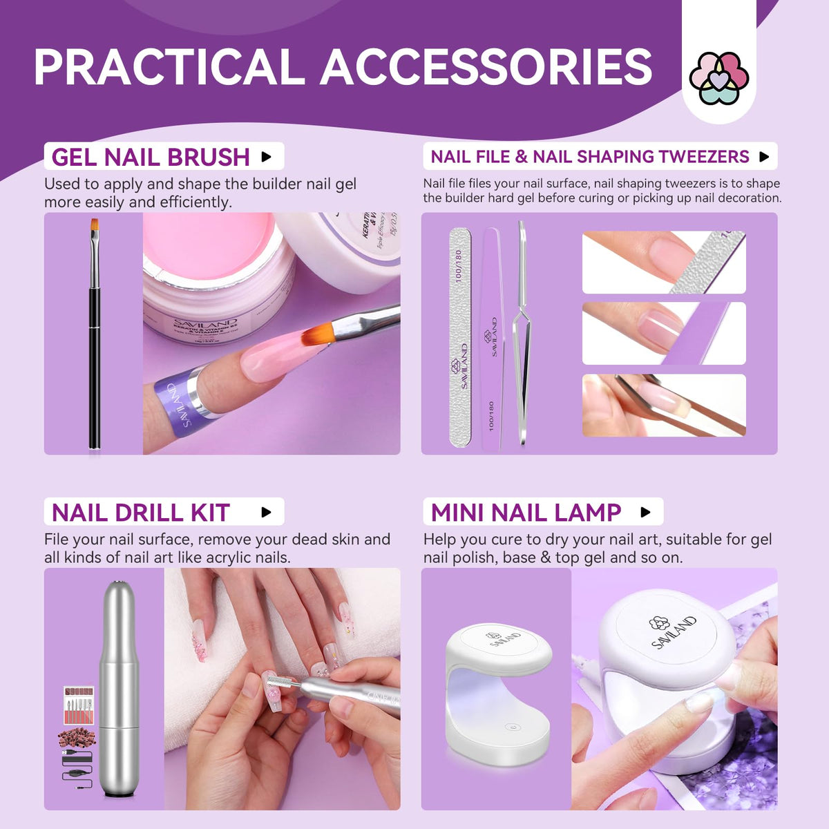 SAVILAND gel brush next to gel texture swirl showing smooth application and control