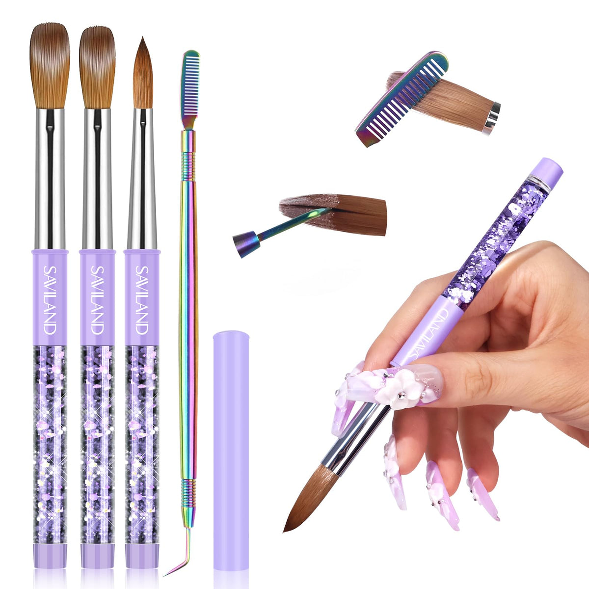 SAVILAND brushes front packaging showing three purple handles and comb — professional kit benefit