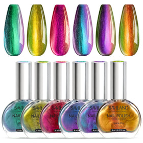 SAVILAND set box front showing six holographic chrome polishes and branding for gifting benefit