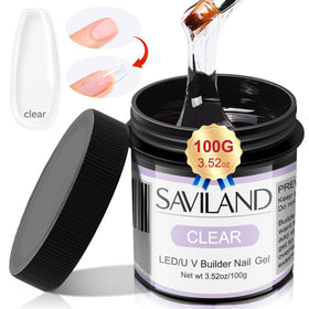 SAVILAND clear builder gel tub front view showing large 100g capacity and benefit of cost savings