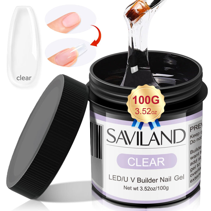 SAVILAND clear builder gel tub front view showing large 100g capacity and benefit of cost savings