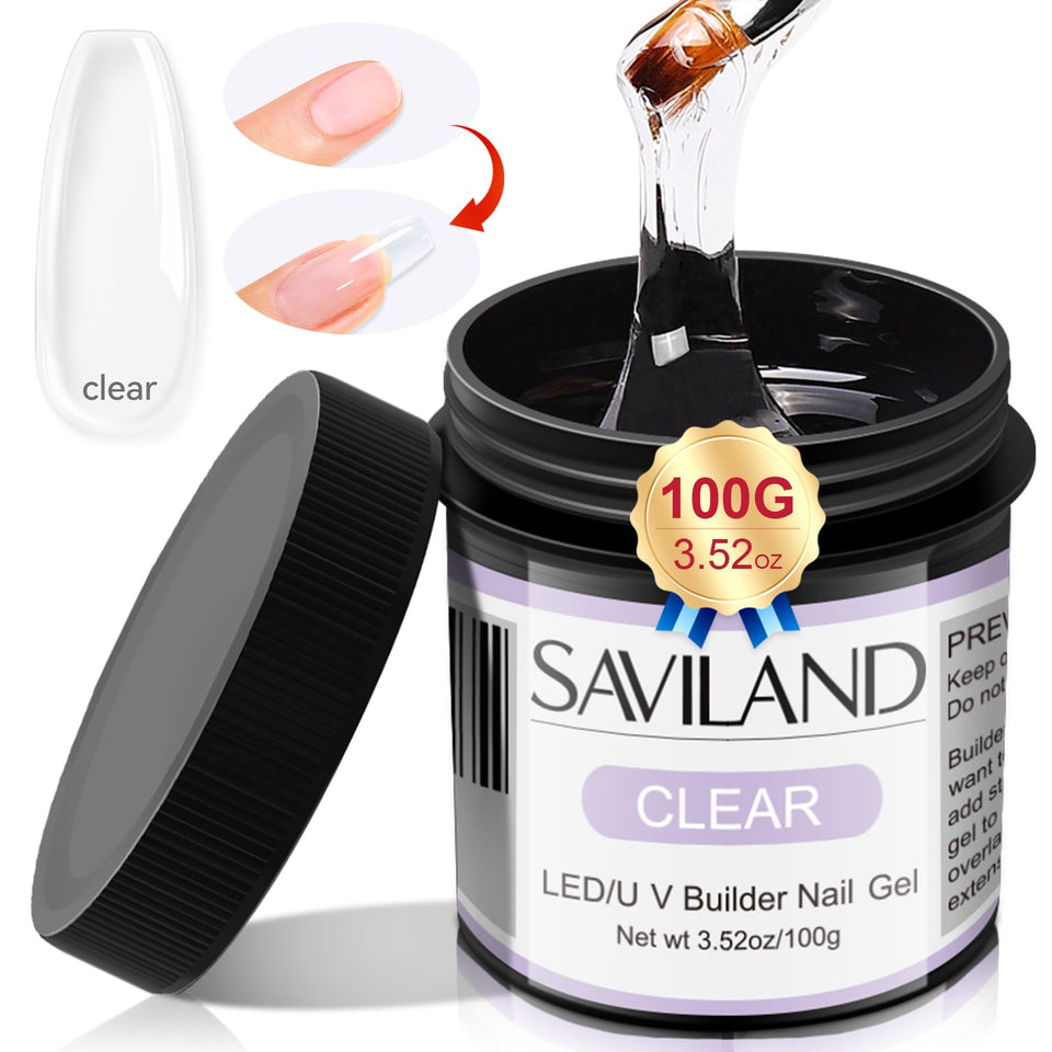SAVILAND clear builder gel tub front view showing large 100g capacity and benefit of cost savings