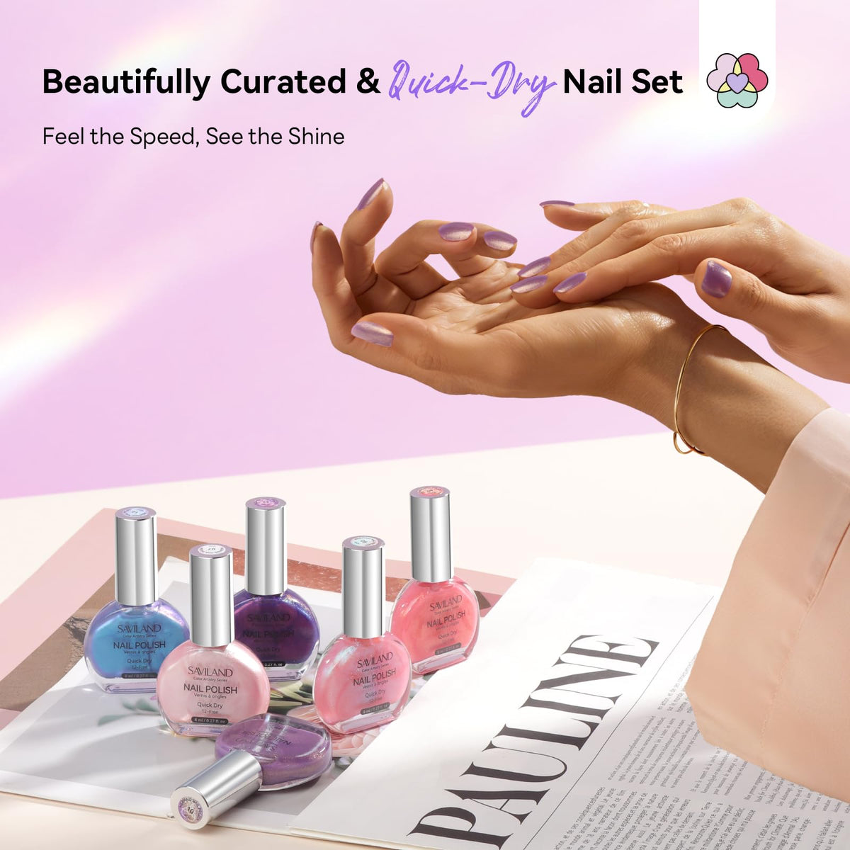 SAVILAND swatch board of six colors showing pearlescent range and mix-and-match benefit