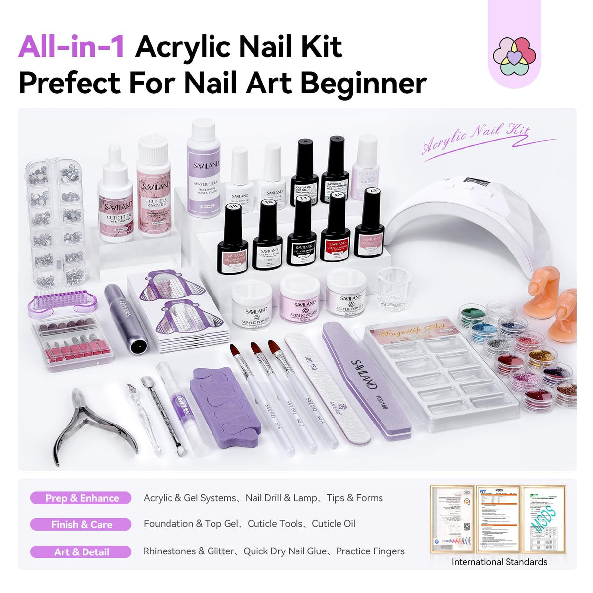 SAVILAND contents laid out displaying powders, monomer, gels and tools for convenient setup